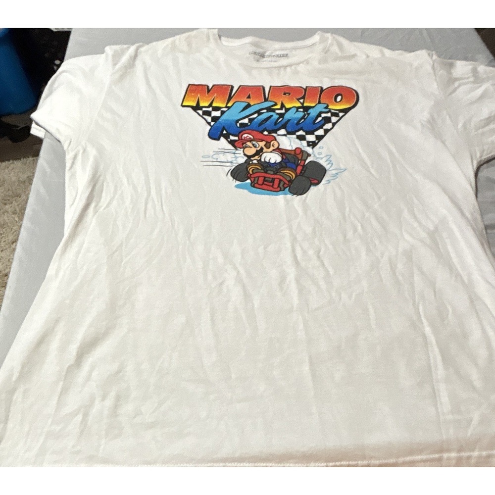 Mario Kart mens XL White Cotton Crew Neck Short Sleeve Graphic Logo T-Shirt